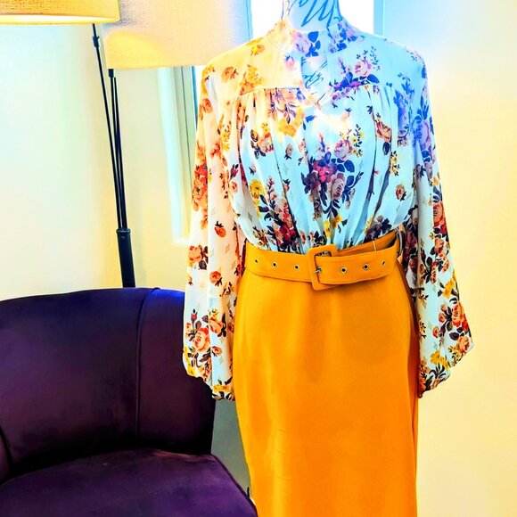 SHEIN Dresses & Skirts - Experience elegance with our Floral Print Bishop Sleeve Split Hem Belted Combo D